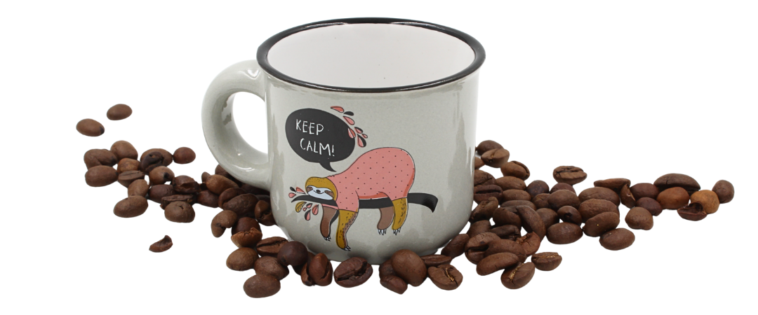 Cană cafea espresso Nekupto 80 ml, ceramică, gri, imprimeu leneș KEEP CALM